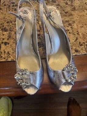 J.Renee Silver Jeweled Peep-Toe Slingback Heels